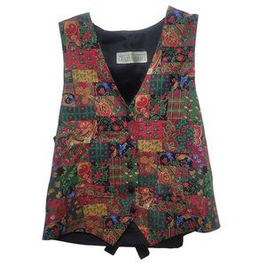 Vtg Christmas Vest Womens Small Holly Tie Back Cotton Tapisserie